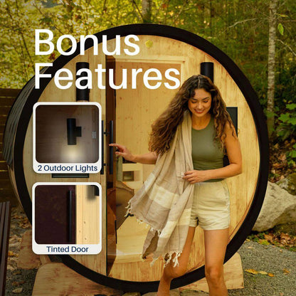 3-Person Capacity Outdoor White Finland Pine Wet/Dry Traditional Barrel Sauna with Black Accents