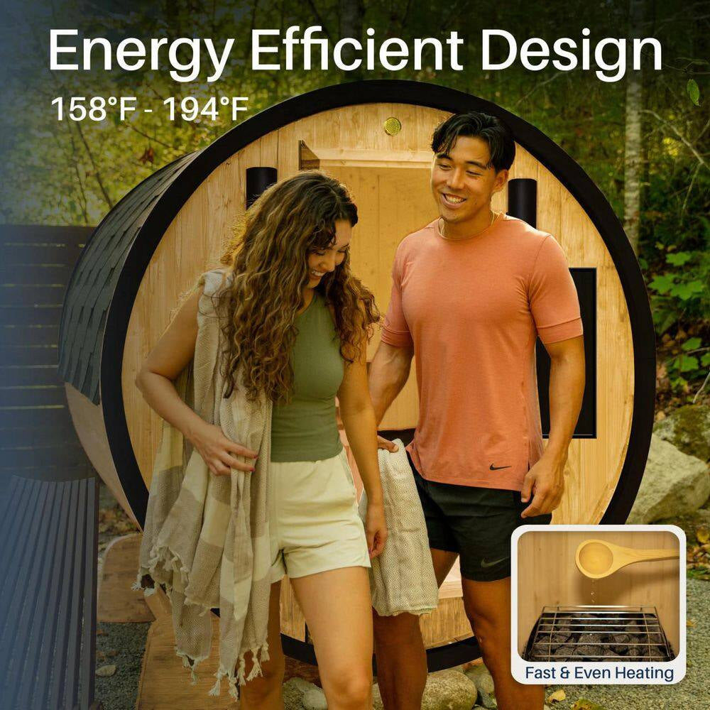 3-Person Capacity Outdoor White Finland Pine Wet/Dry Traditional Barrel Sauna with Black Accents